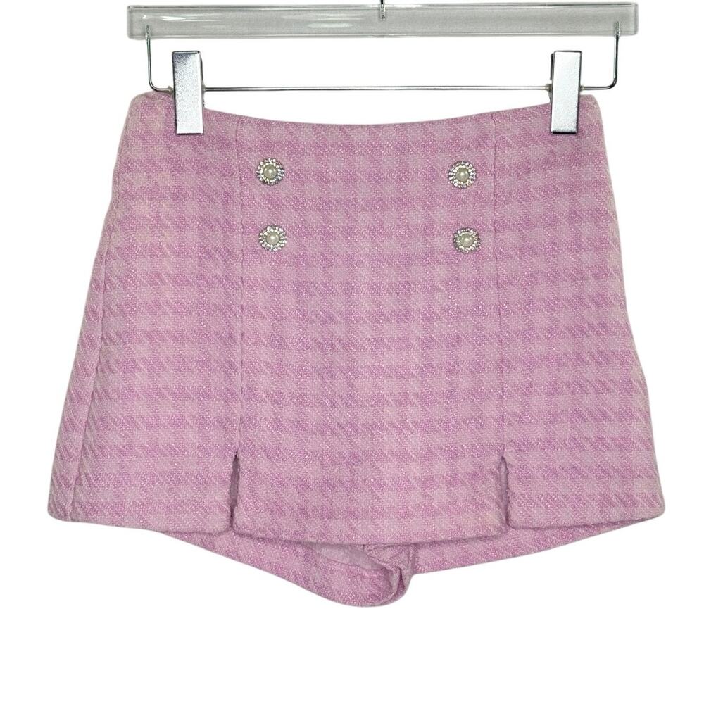 Zara Pink Tweed Micro Mini Skort S Barbie Pink Crystal Embellished Button